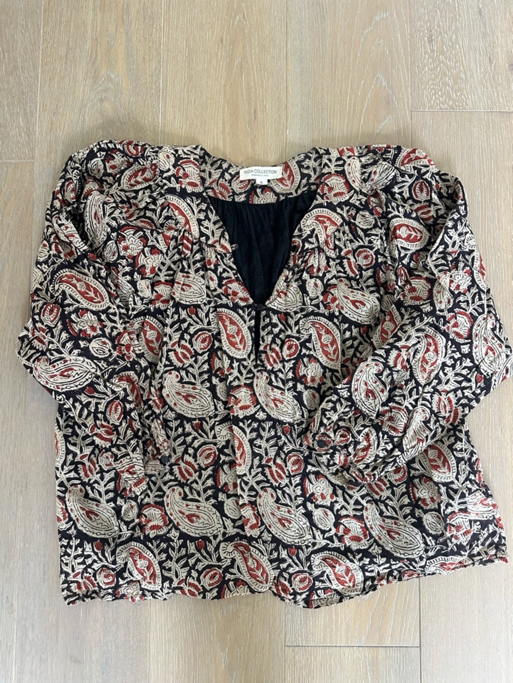 Emerson Fry Black Paisley Print V-Neck Blouse with Red and Cream Accents - Picture 2 of 4